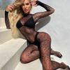New Sexy Leopard Print Body-Stocking Erotic Underwear Fishnet Hollow Out Body Suit Jumpsuit Long Sleeve Mesh Seduce Lingerie