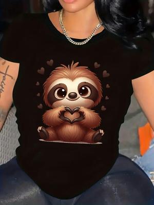 Women'S Cute Sloth Graphic T-Shirt Soft Everyday Tee with Black Sloth Hearts Design Crew Neck T