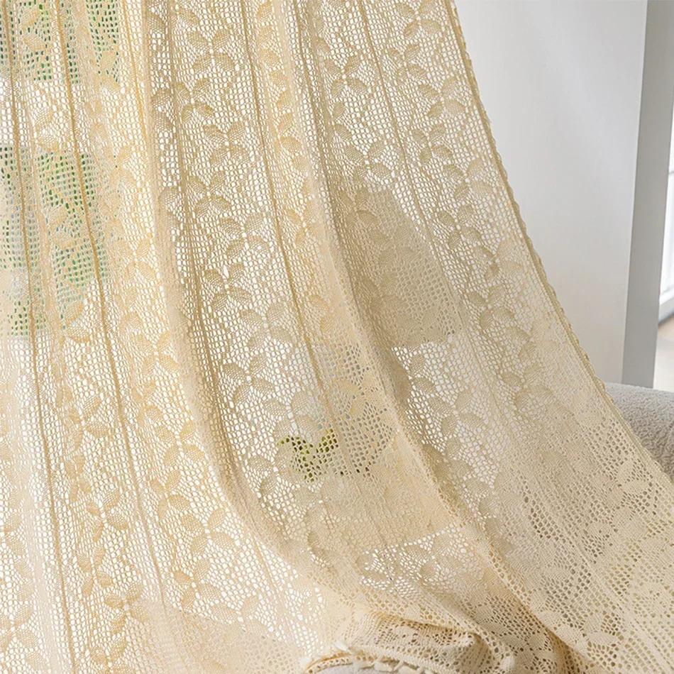 Cotton Hollow design Curtains Road Pocket Shade Curtain Tassel for Kitchen Bedroom Living Room Bay Window Cabinet Curtain
