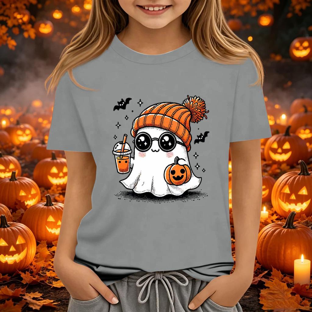 Kids Halloween Print Short Sleeve T-Shirt Round Neck Loose Fit Casual Tee for Boys Girls