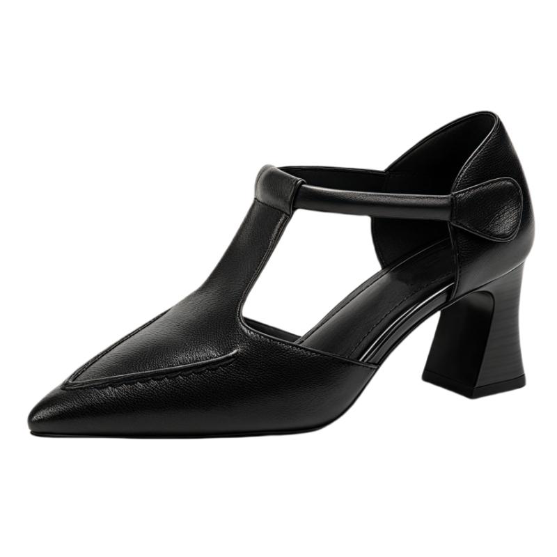 

Block Heel Hollowed Out Without Tiring Feet, Versatile Baotou High Heels Women s New Non-slip Single Shoes 35 чёрный