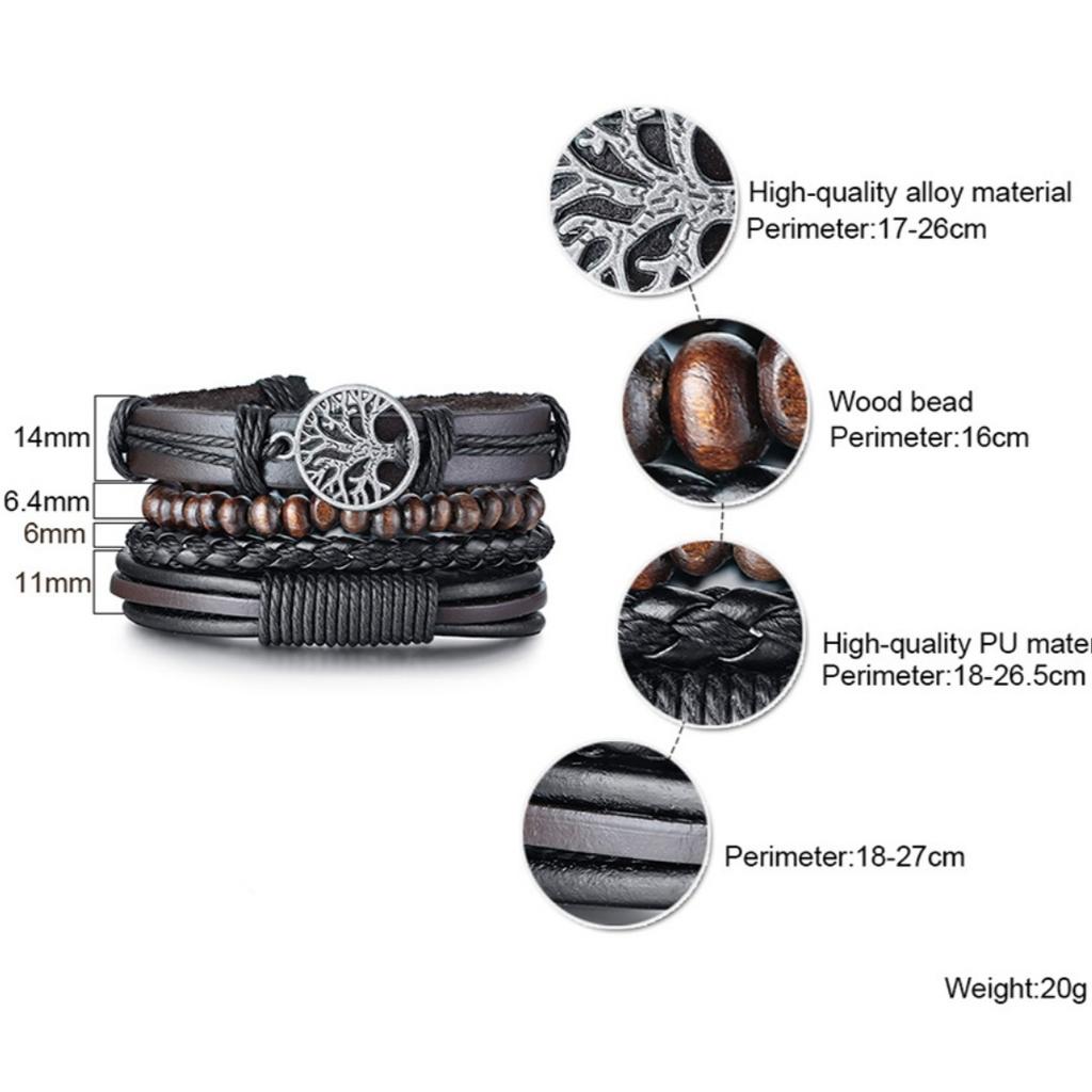 4pcs Braided Leather Bracelets For Men Vintage Life Tree Charm Wood Beads Ethnic Wristband Gift For Dad Boyfriend