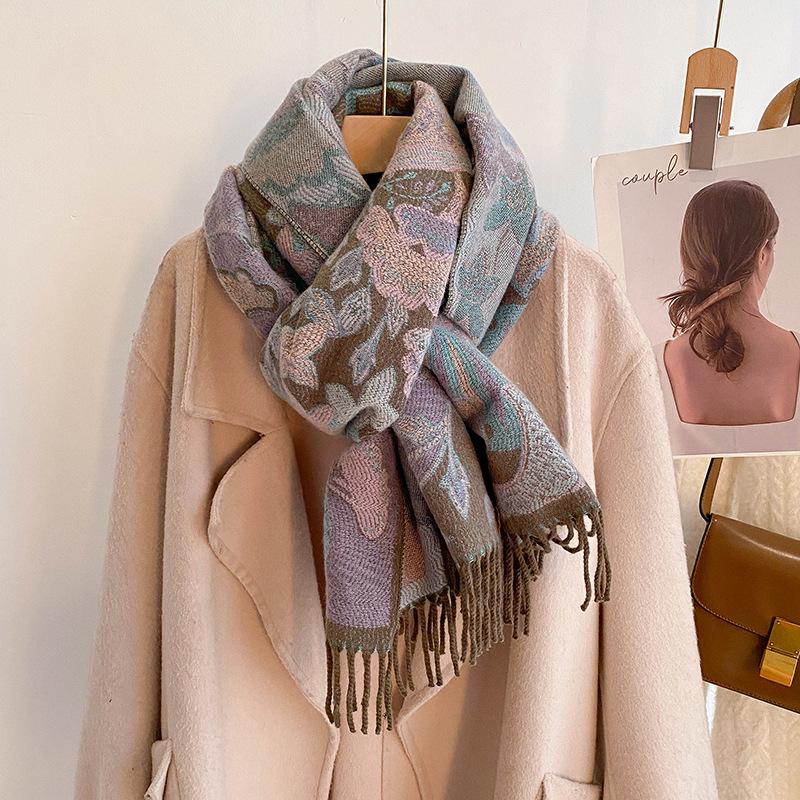 

Tourist tassel shawl women s autumn and winter flowers and birds core-spun yarn scarf thickened warm imitation cashmere scarf 190CM