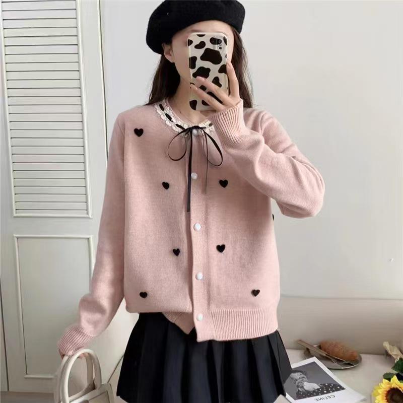 

Кардиган в европейском стиле с кружевной вязкой в виде сердца и банта: Модный свитер с круглым вырезом для женщин на осень/зиму M [80-125] розовый