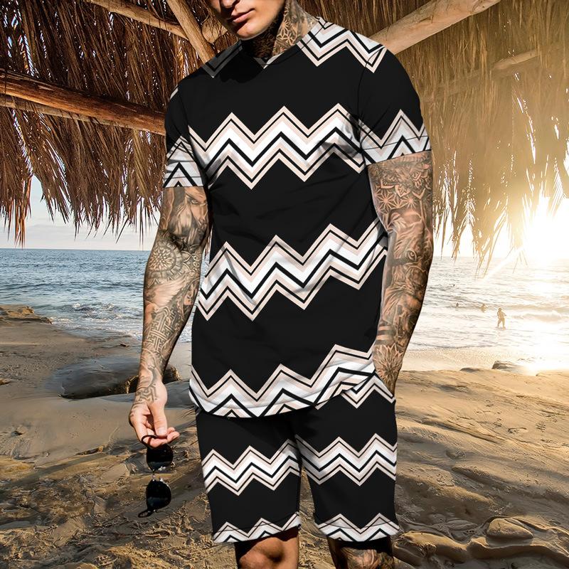 Vintage Casual Clothes Outfits For Men Print Striped Loose T Shirt Suit Oversized  O Neck Summer Tracksuit Streetwear Men's Set