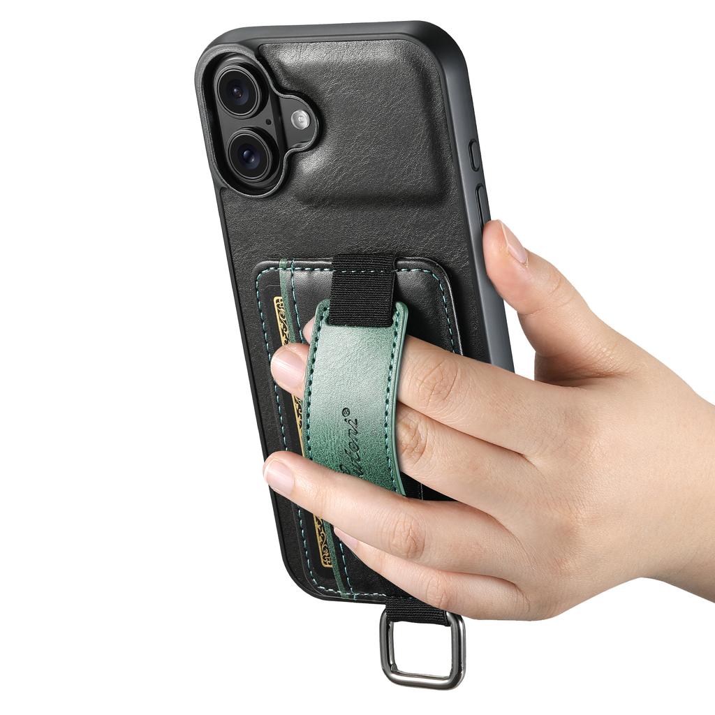 SUTENI H13 For iPhone 16 Case Card Holder Wristband Waxy Texture Leather+TPU+PC Cover