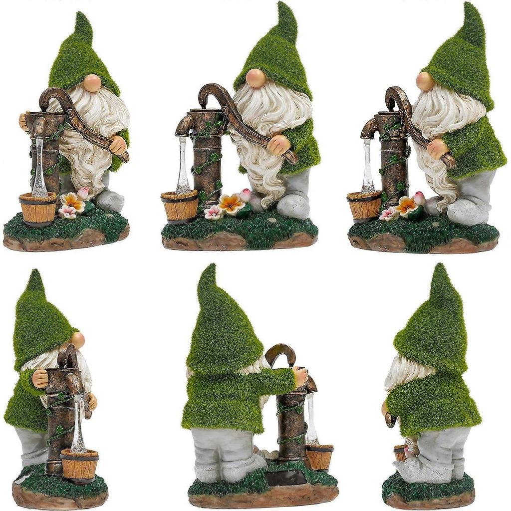 Garden Ornaments Outdoor  Funny Gnome Pumping Water with Solar Lights for Garden Decorations, Waterproof Resin Flocked Statues