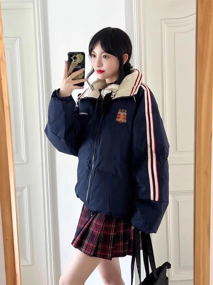 Retro Women's Color Block Stand-up Collar Warm Cotton Jacket - Autumn/Winter Loose Fit Trend