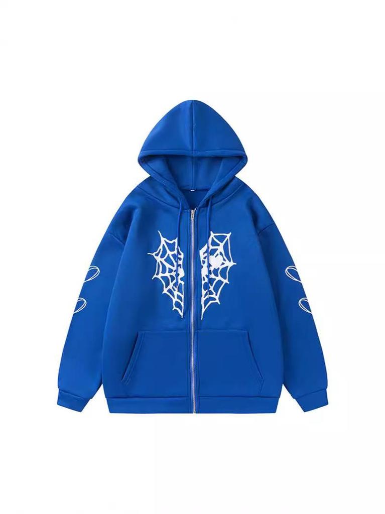 Cross-border Spider Web Heart Print Fleece-Lined Hooded Cardigan