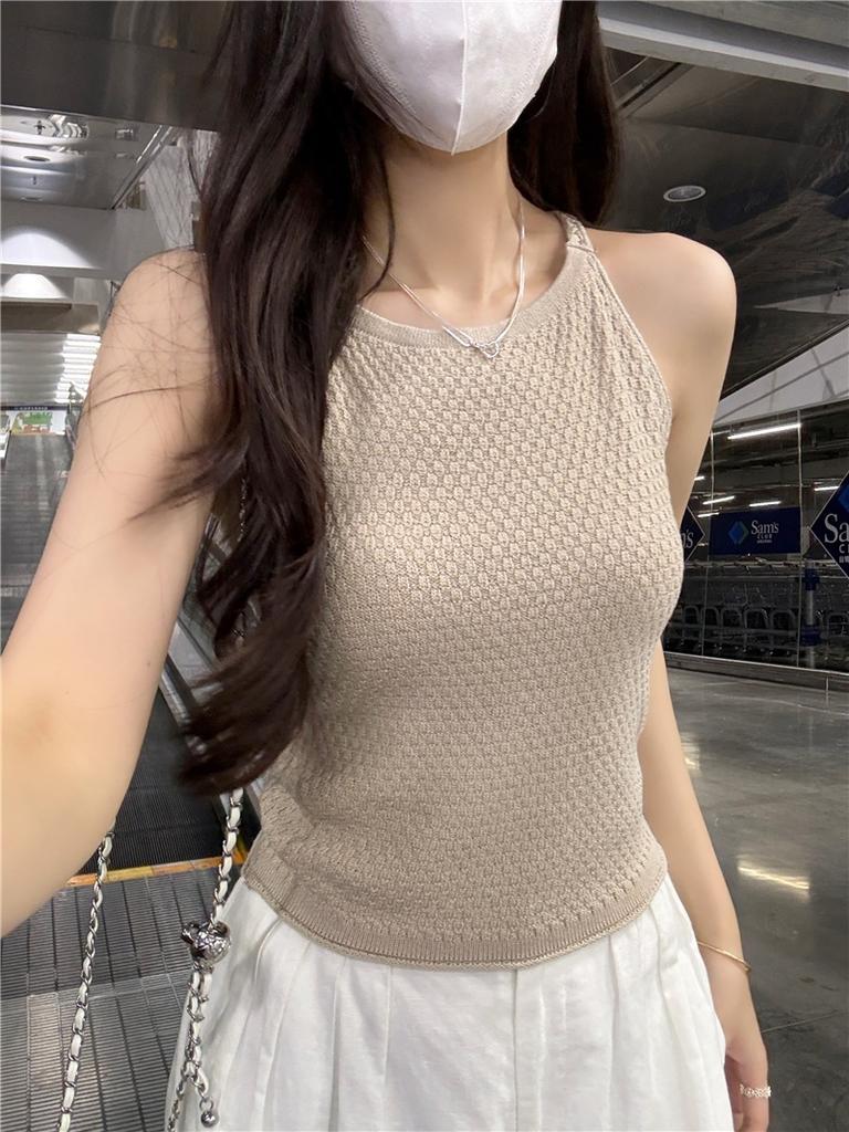 Real Shot, Summer New French Hollow Knitted Sling Vest Women's Backless Slim-fitting Age-reducing Sleeveless Top