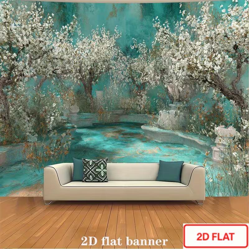 

2D Teal Garden Photography Background, Vintage Spring Blossom Tree Fountain Decor Banner 47.2x31.5inch/120*80cm