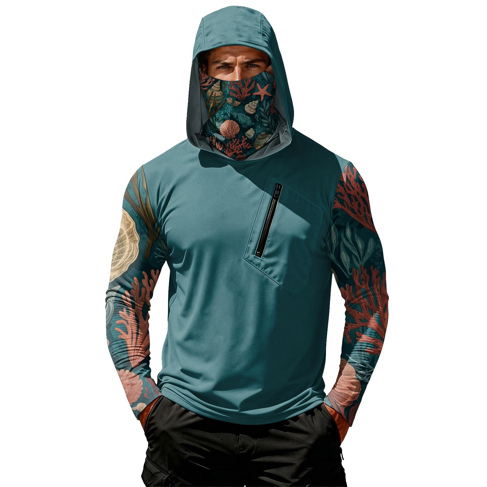 

Long Sleeve Hooded T Shirt for Men with Chest Zipper Pocket Lightweight Pullover Casual Top with Printed Sleeves and Neckline M
