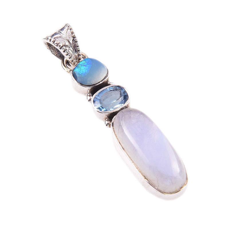 Natural Rainbow Moonstone,Australian Opal 925 Solid Silver Pendant 1.75'' T4L51