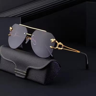 Ochelari de Soare Punk Fără Ramă, Nepolarizați, cu Decorație Ghepard, pentru Bărbați, Pătrați, Fără Ramă, cu Lentile Gradate Negre, Clasici, Dreptunghiulari