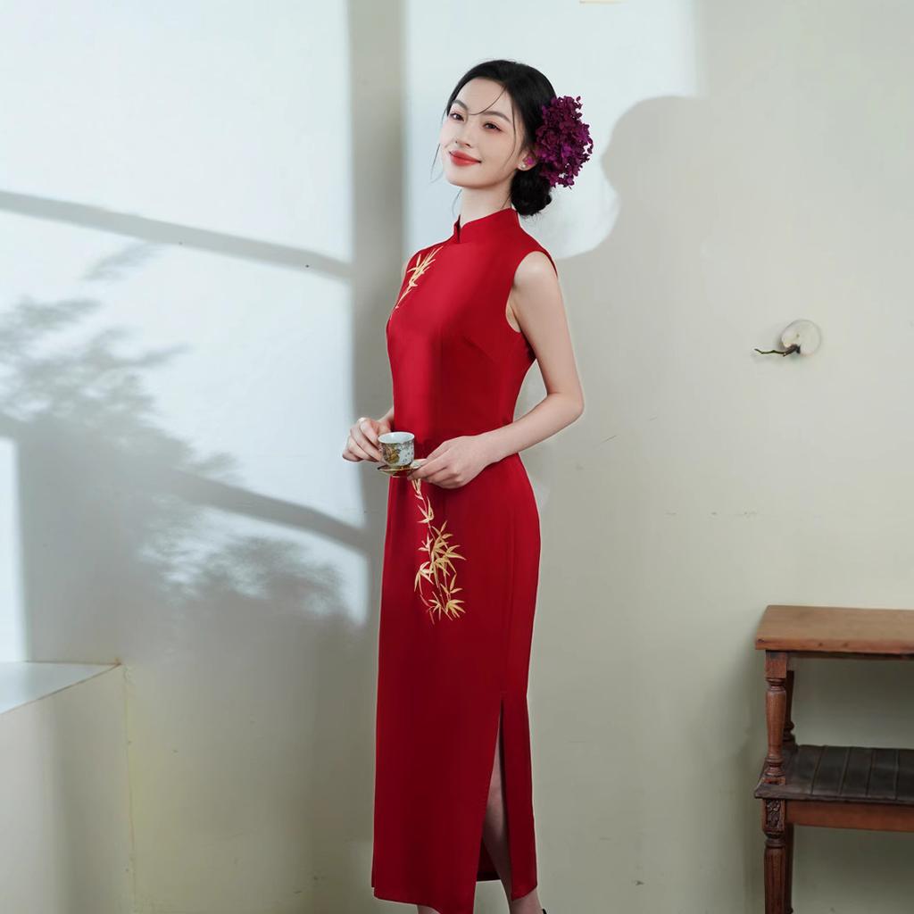 Cheongsam New Chinese 1011 Red Improved Young Republic of China Style Acetic Acid Embroidered Long Dress Double Layer