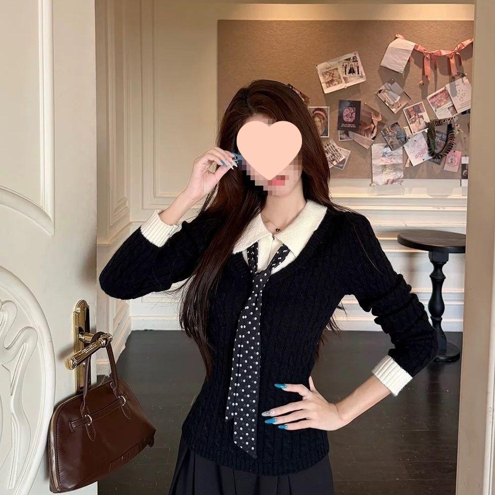 New splicing contrasting colors two-piece sweater long-sleeved knitted sweater top fabric autumn and winter slim fit