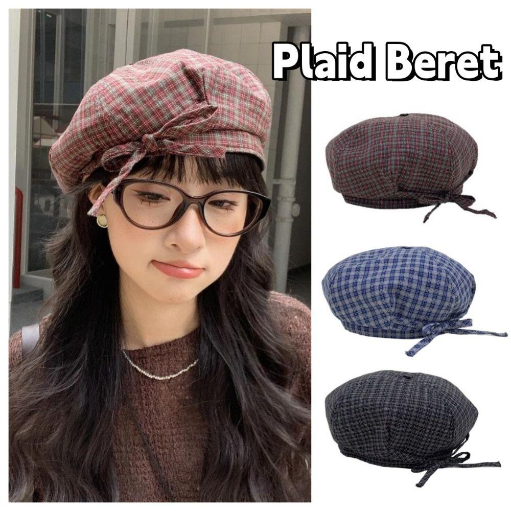 Korean Style Women Painter Hat Bow Women Octagonal Cap Sweet Plaid Beret Hat  Girl
