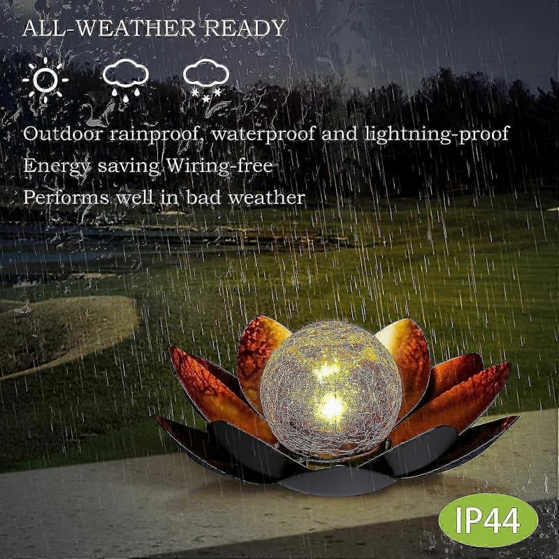 Solar Lotus Light Garden Outdoor Table Decor,Amber Crackle Globe Glass Lotus Flower Light Decoration,Metal Lotus Flower Lamp Waterproof Led Light For