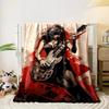Dynamic woman with guitar amidst bold red and beige abstract strokes. for all seasons blanket lunch break throw gift