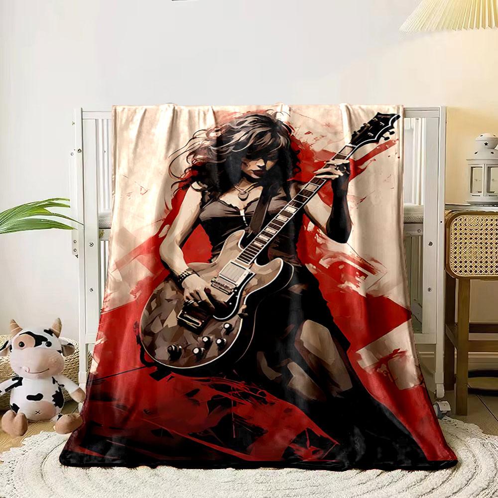 Dynamic woman with guitar amidst bold red and beige abstract strokes. for all seasons blanket lunch break throw gift 80cm x 120cm