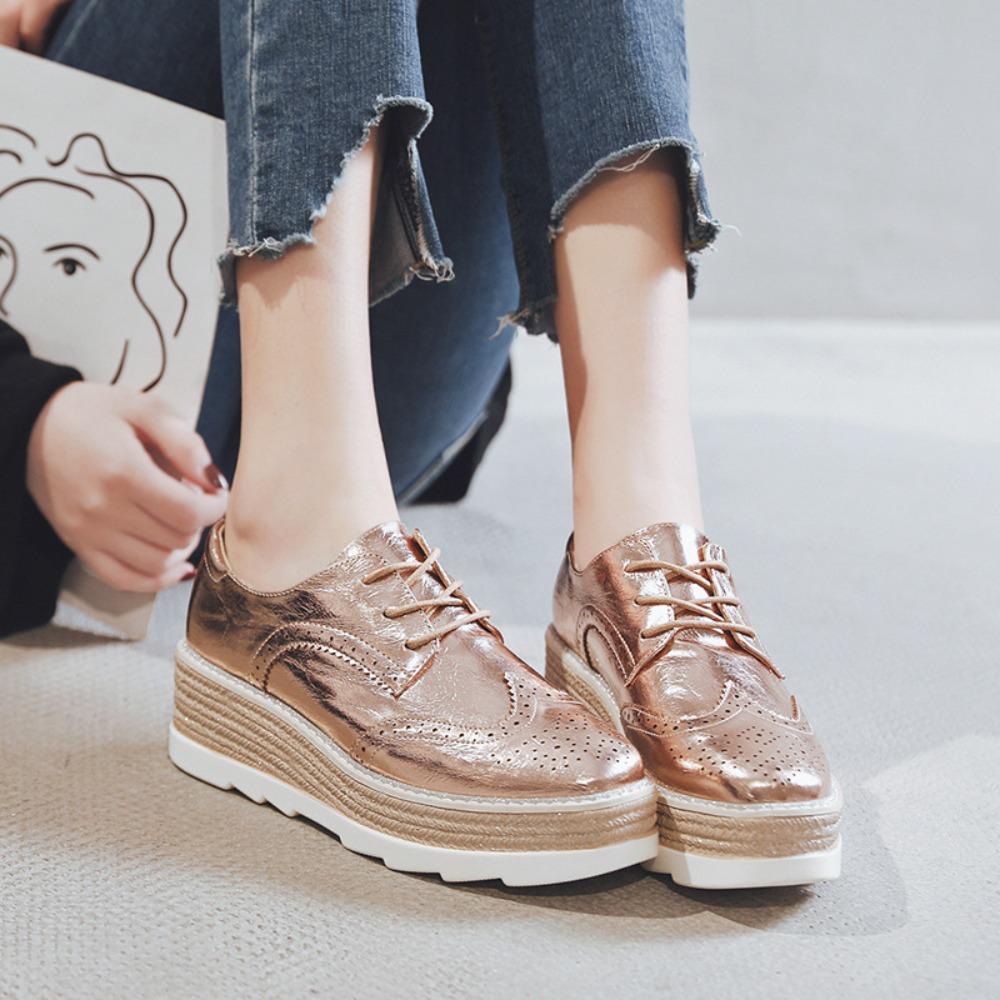 2026 New Women Round Toe Deep‑Cut Patent Leather Lace‑Up Wedge Platform Pumps, British Style Height‑Increase Versatile Thick‑Sole Casual Leather Shoes