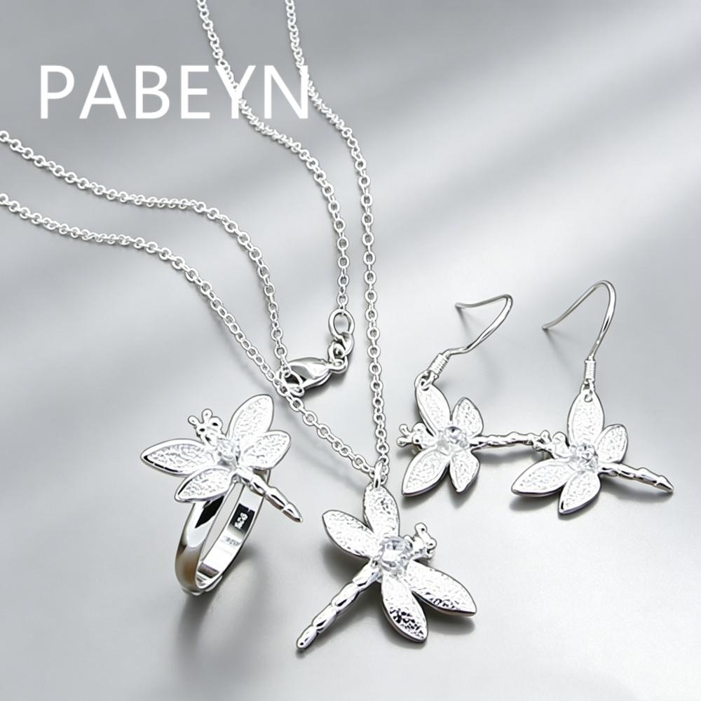 925 Sterling Silver Stylish Simple Dragonfly Necklace Earrings Ring Set, Birthday Party Anniversary Holiday Gift