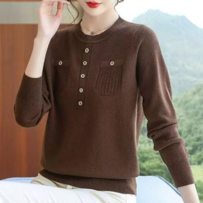 Nowy Wiosenno-Jesienny Luźny Sweter Dzianinowy Okrągły Dekolt Modny Wszechstronny Dzianinowy Top z Długim Rękawem Koszulka Bazowa dla Matki
