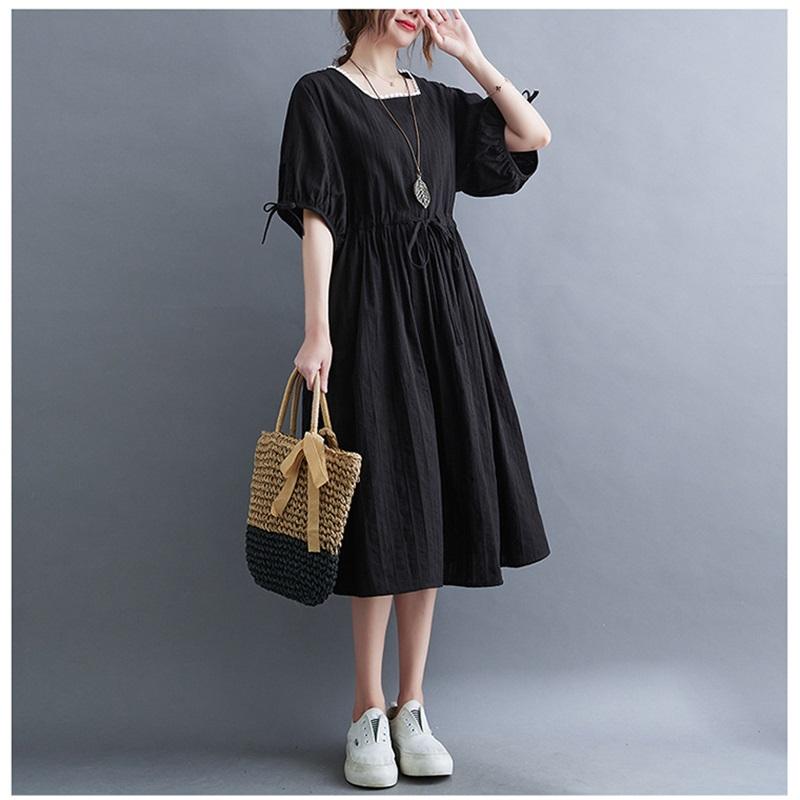Long Dress Women Linen Large Size Loose Summer Solid Color Short-sleeved Dress Knee-length Thin Large Swing Dress