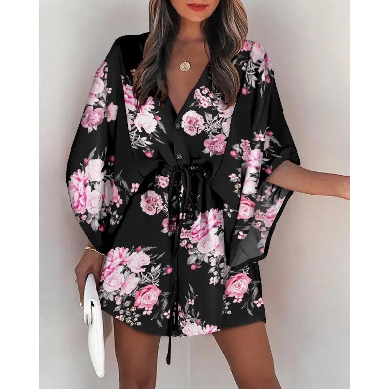 YYFS Women's Fashion Summer Spring Flower Pattern Print Short Sleeve V-Neck High Waist Casual Dresses