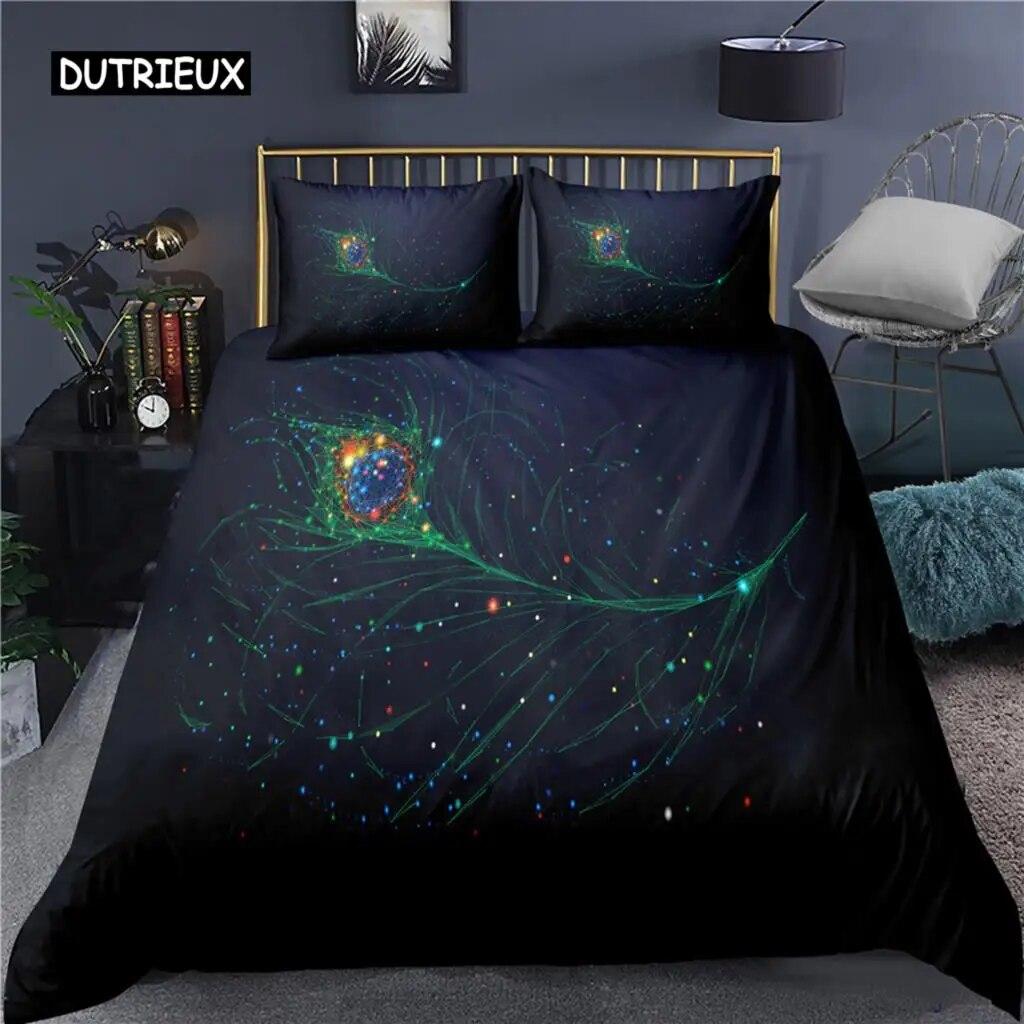 Peacock Duvet Cover Plum Blossom Decor Bedding Set King Size Crane Peacock Feather Floral Pattern Romantic Polyester Quilt Cover  Three-piece Set