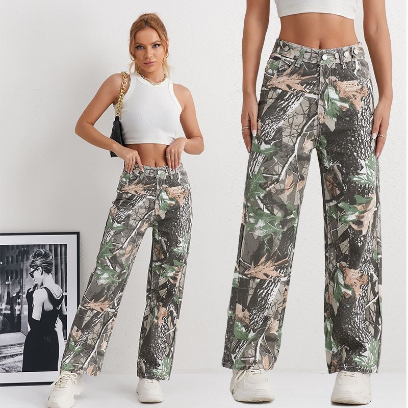 Puffanpop Women's Jeans Camouflage Cargo Pants Straight Wide Leg Jeans High Waisted Casual Jeans