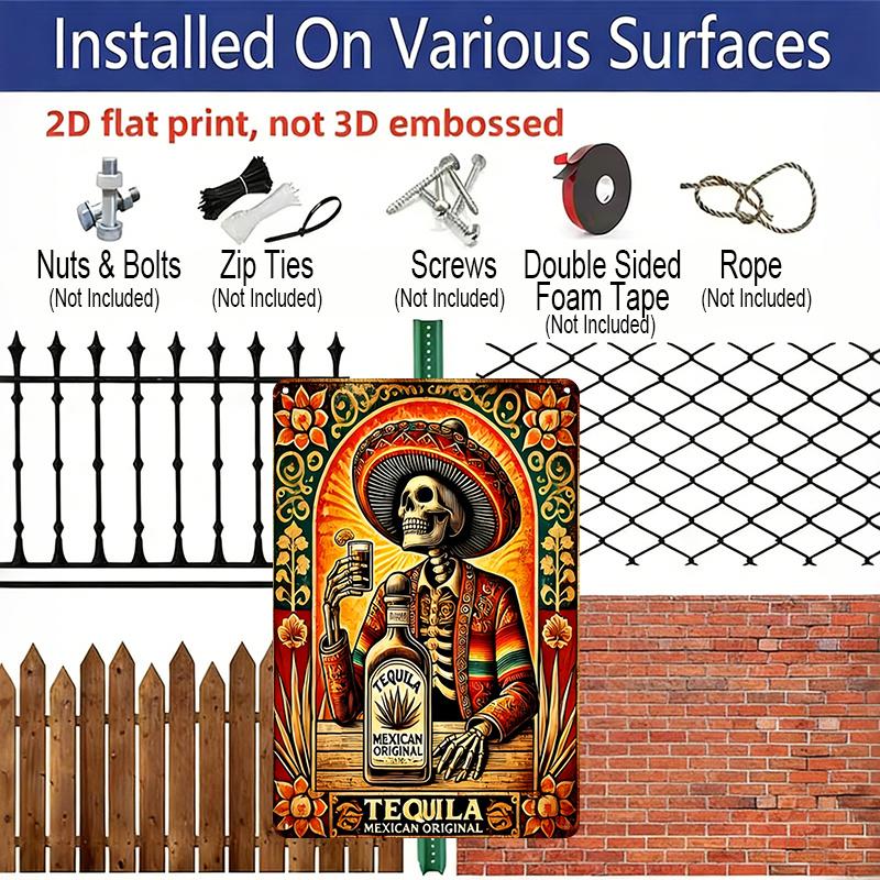 2D Flat - 1pc Vintage Tequila Metal Sign | Mexican-Themed Sombrero Skeleton & Tequila Bottle Art - Heavy-Duty Aluminum Poster - Easy Hang With