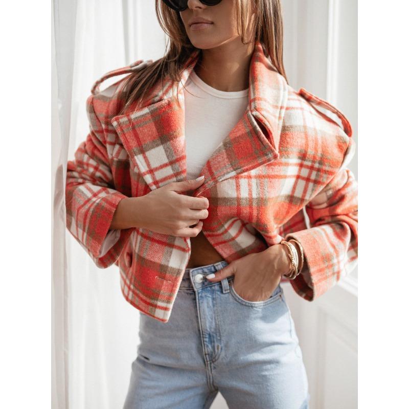 YYFS Dámská móda Ležérní Podzim Zima Kostkovaný potisk Dlouhý rukáv POLO Límec Bundy & Kabáty
