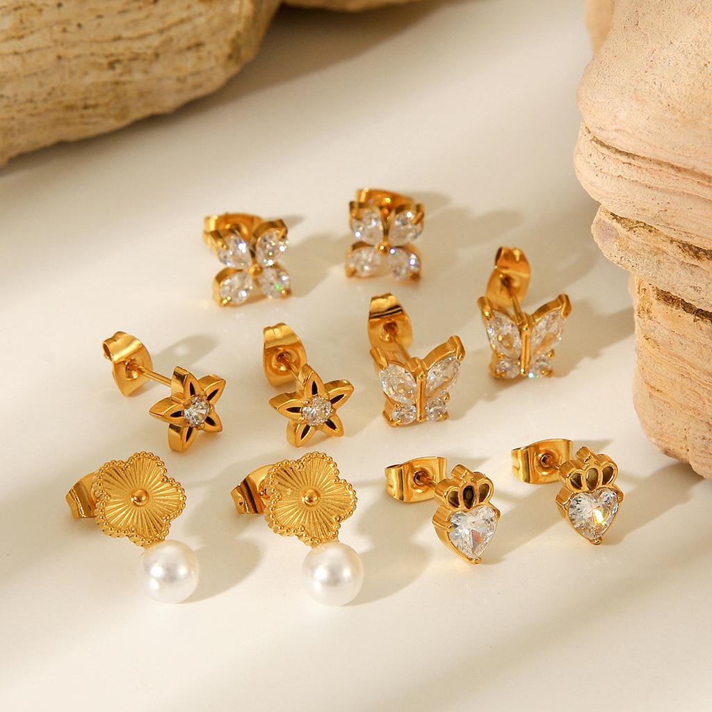 Butterfly Zircon Star Stud Earrings, Ins Style Light Luxury Stainless Steel Five-Petal Flower Pearl Ear Jewelryarrings