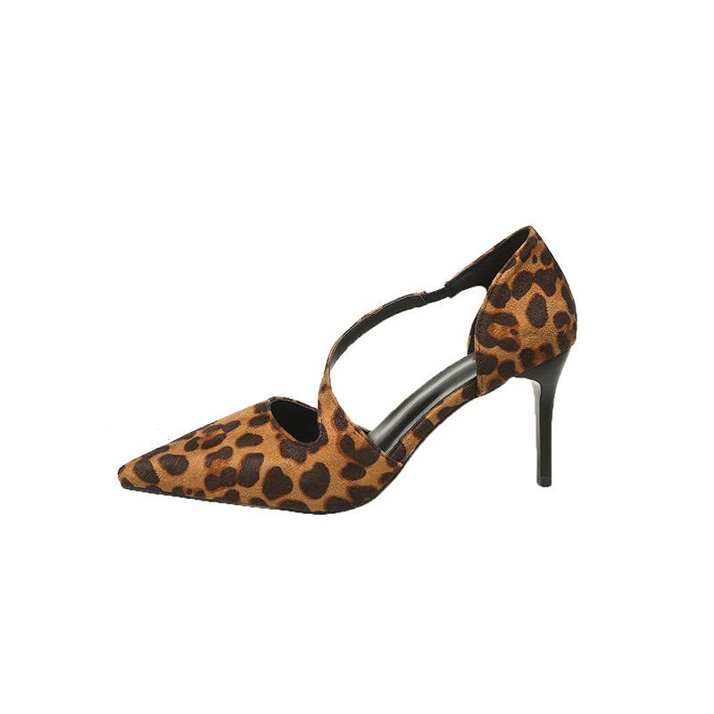 Thin Heeled Hollow Sandals 2026 Spring New Pointed Sexy High Heels, One Button Large Leopard Print Women's Shoes