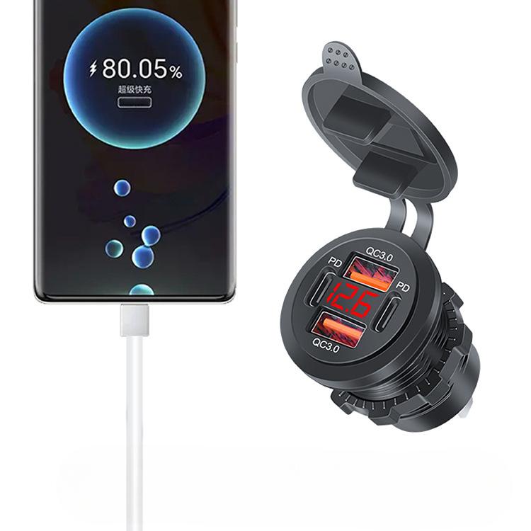 65W PD QC3.0 4-Port Car Charger with LED Voltage Display - Fast Charging for iPhone/Samsung/Huawei with Waterproof Cover