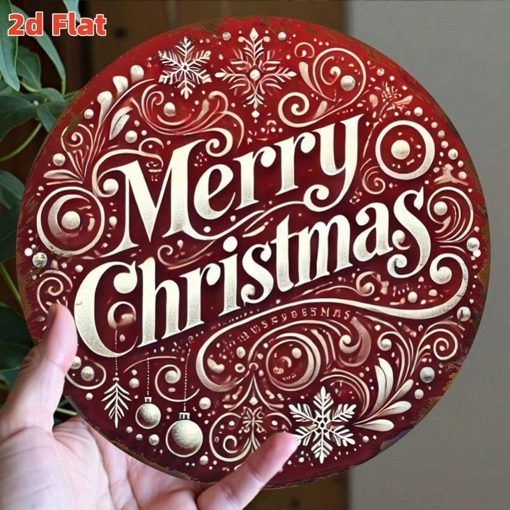 Vintage Christmas Wreath Metal Wall Art Burgundy Red Golden Holiday Decor Round Aluminum Sign Merry Christmas Home Office Party Decoration