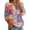 Women’s Vintage Floral Patchwork Print Henley Neck Cotton Linen Shirt with Three Quarter Sleeves and Button Front Design for Daily Wear