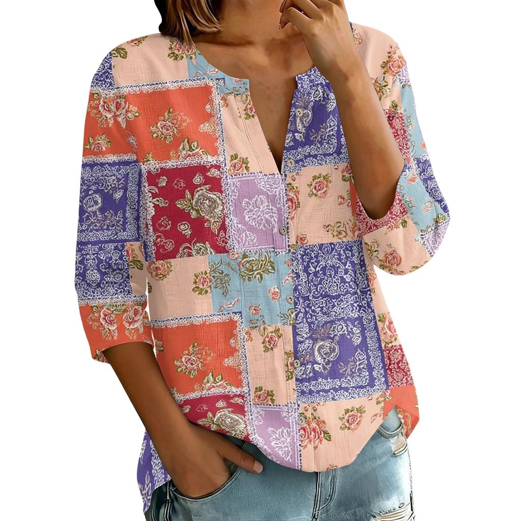 Women’s Vintage Floral Patchwork Print Henley Neck Cotton Linen Shirt with Three Quarter Sleeves and Button Front Design for Daily Wear