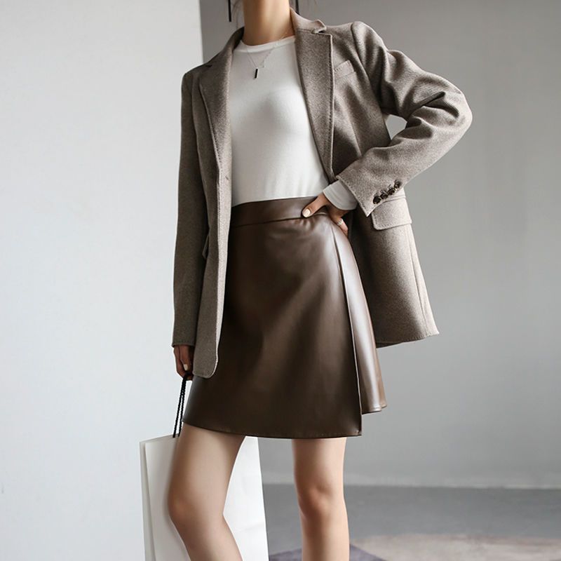 High-Waisted PU Leather A-Line Mini Skirt, Body-Hugging Skirt, Spring/Fall Women's Slit Skirt