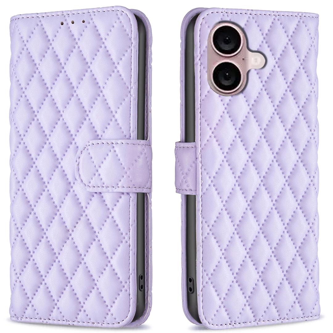 

For iPhone 16 Plus Case Rhombus Grid Wallet Leather Phone Cover Purple