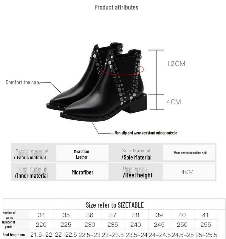 2025 Herfst/Winter Dames Puntige Neus Klinknagel Martin Laarzen - Middenhoge Hak Chunky Chelsea Enkellaarsjes