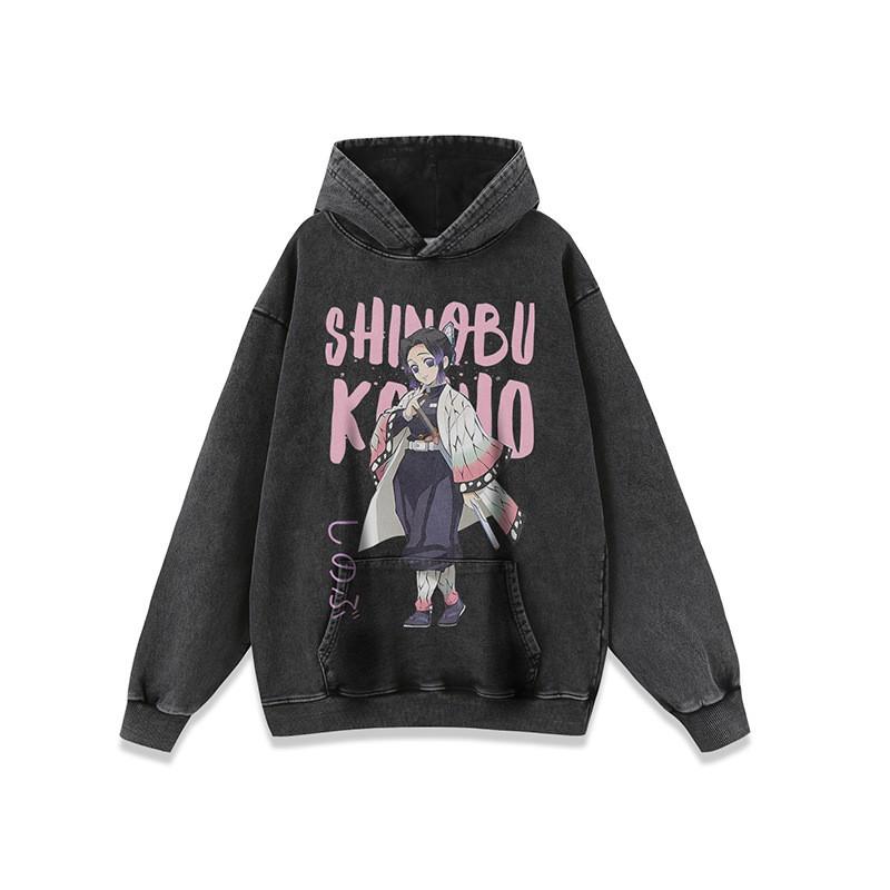 Unisex Oversized Cartoon Anime Print Washed Vintage Hoodie Cotton Long Sleeve Loose Fit Streetwear