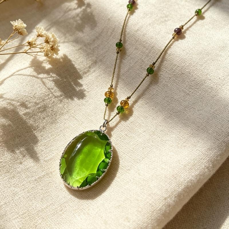 Big Oval Crystal Long Pendant Necklace for Women Statement Green Minimalist Jewelry for Daily Party Use