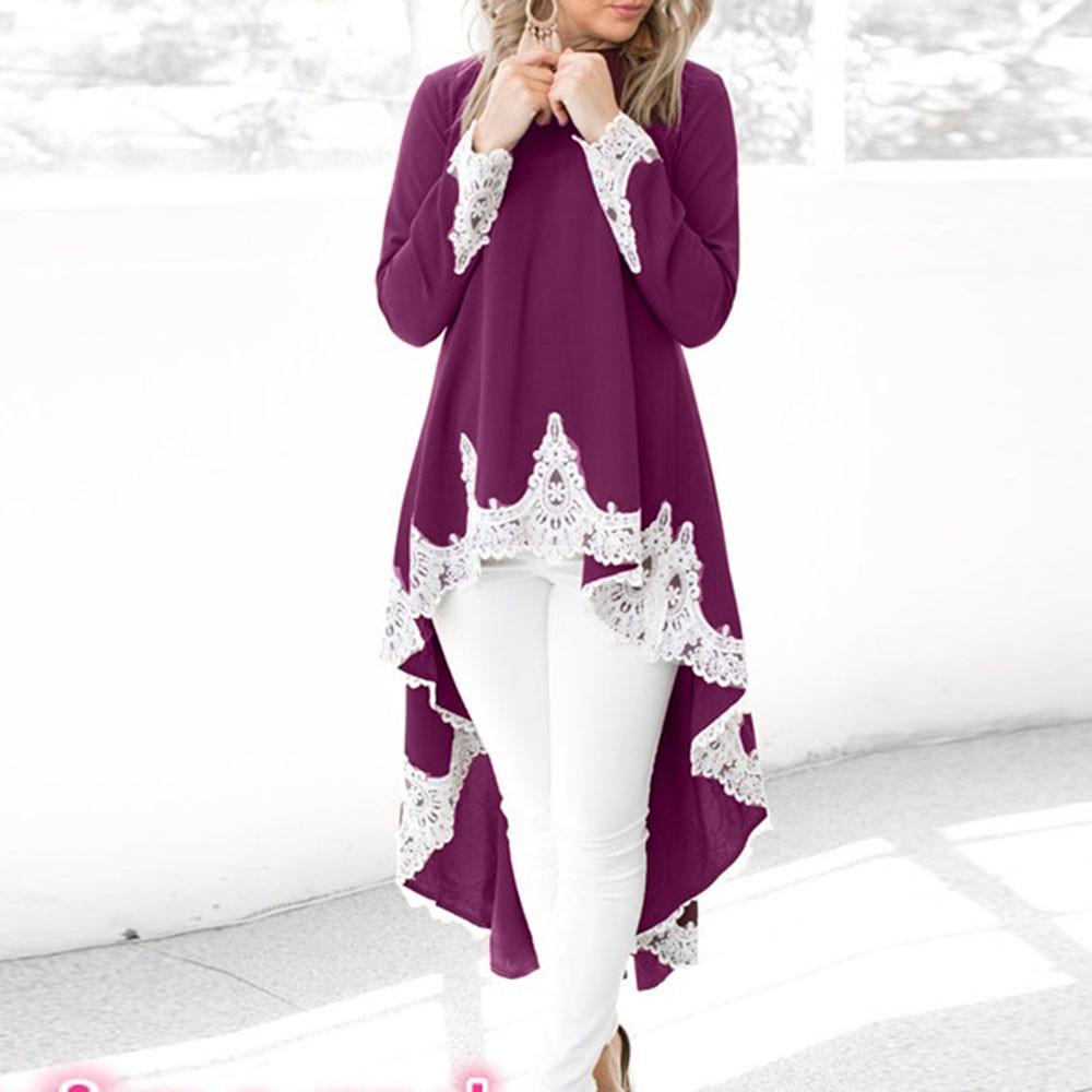 Women's  Long-sleeved Casual O-neck Pullover Irregular Hem Solid Color Lace Dres