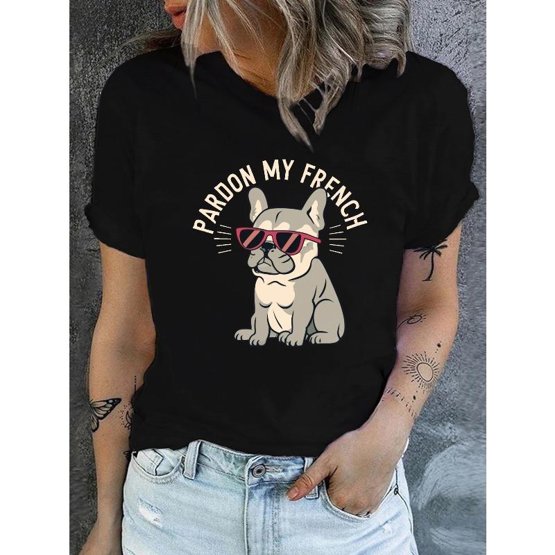 

French Bulldog Print Crew Neck T-Shirt, Casual Short Sleeve T-Shirt For Spring & Summer, Women s Clothing 4XL чорний