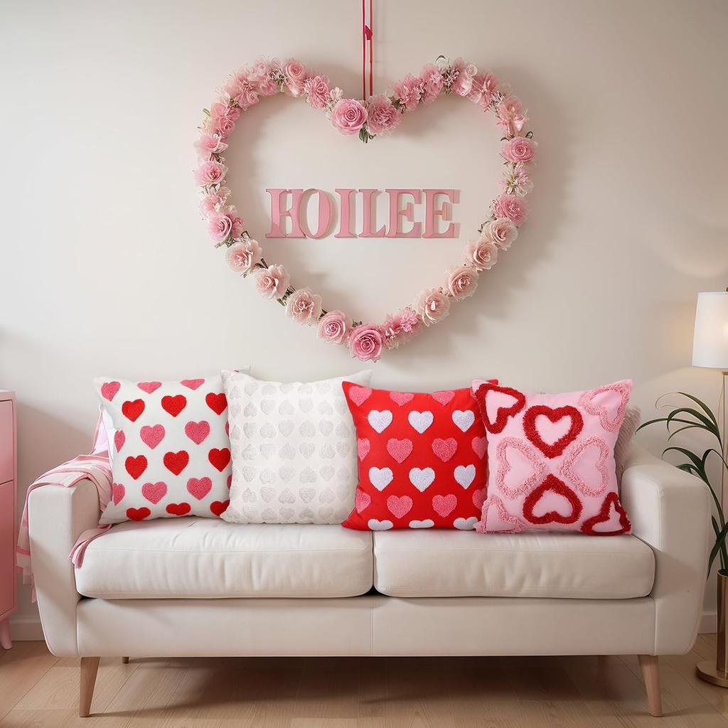 4 Pcs Valentine's Day Throw Pillow Covers 18x18 Inch Red Pink Heart Pillow Cases Soft Heart Shape Embroidery Cushion Covers for Valentine's Day Couch