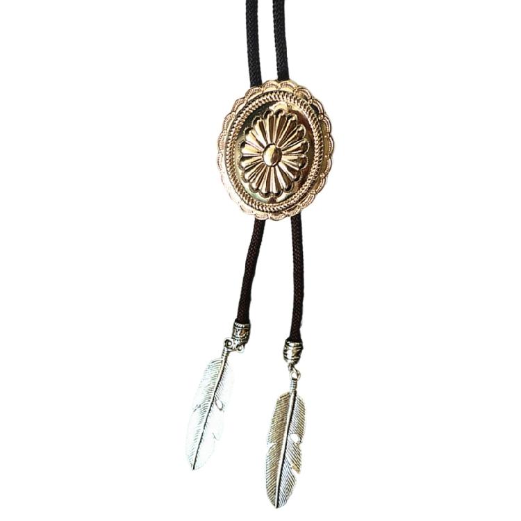 Western Cowboy Vintage Metal Flower Bolo Tie Adjustable Braided Rope Necktie Feathered Pendant Charm Jewelry Necklace
