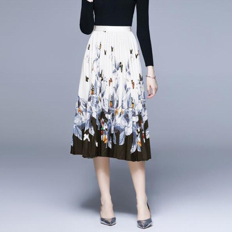 Women Elastic Waist Butterfly Printed Pleated Skirts Elegant Vintage Midi A-line Skirt