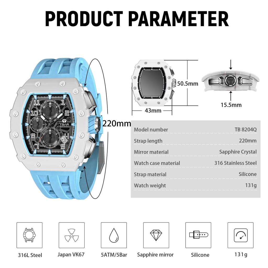 Montre Automatique Squelette TSAR BOMBA avec Céramique Tonneau Japonais Silicone 50M Eau Lumineuse Montre de Luxe pour Cadeau Mouvement Homme, Bracelet, Résistance,